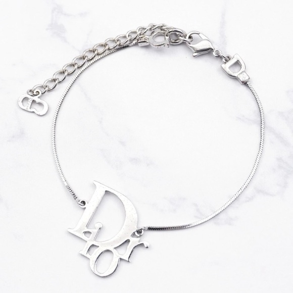 Vintage Christian Dior Classic Logo Monogram Letter Silver Snakebone Bracelet